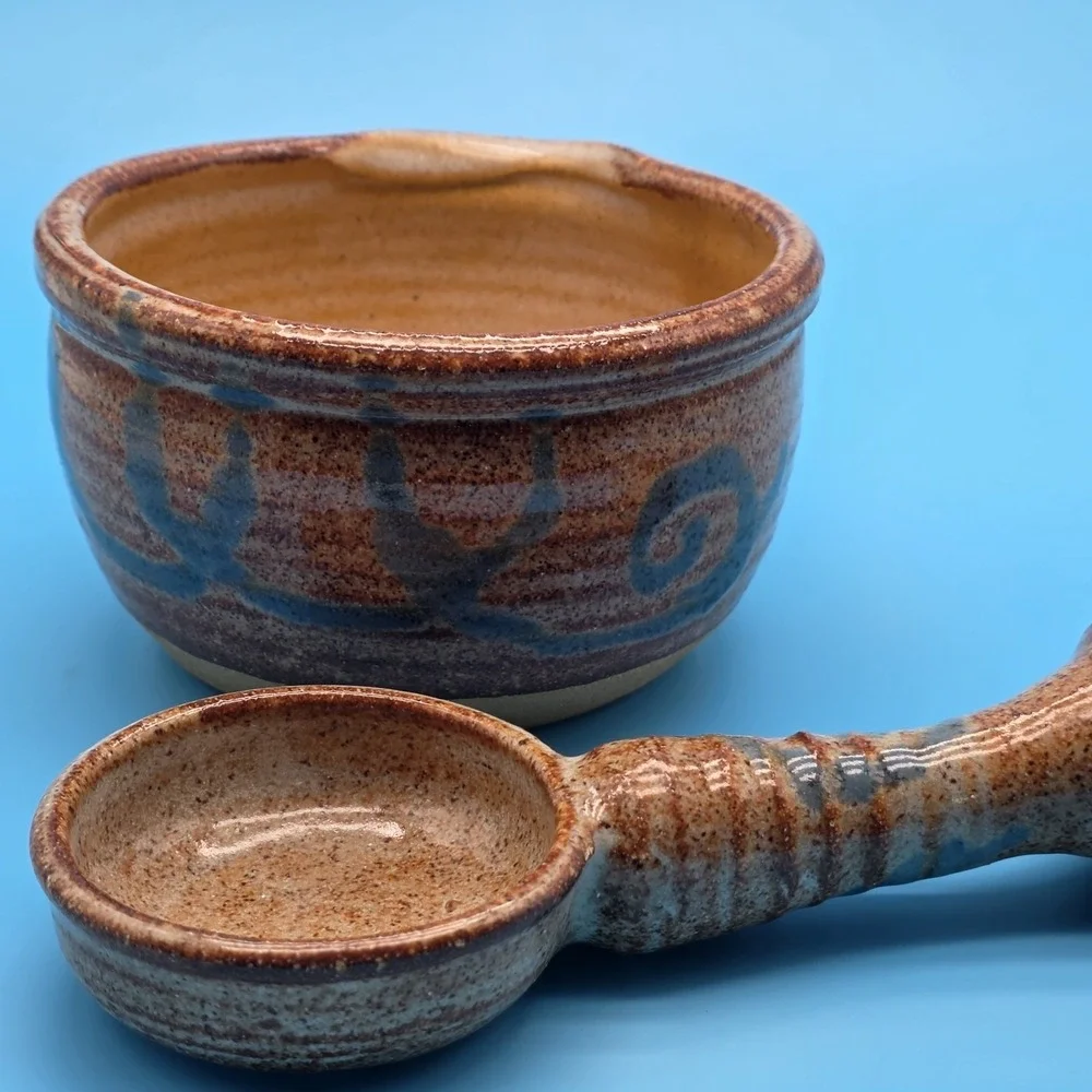 Signed Studio Pottery Bowl‎ With Spout And Spoon Brown With Blue Accents